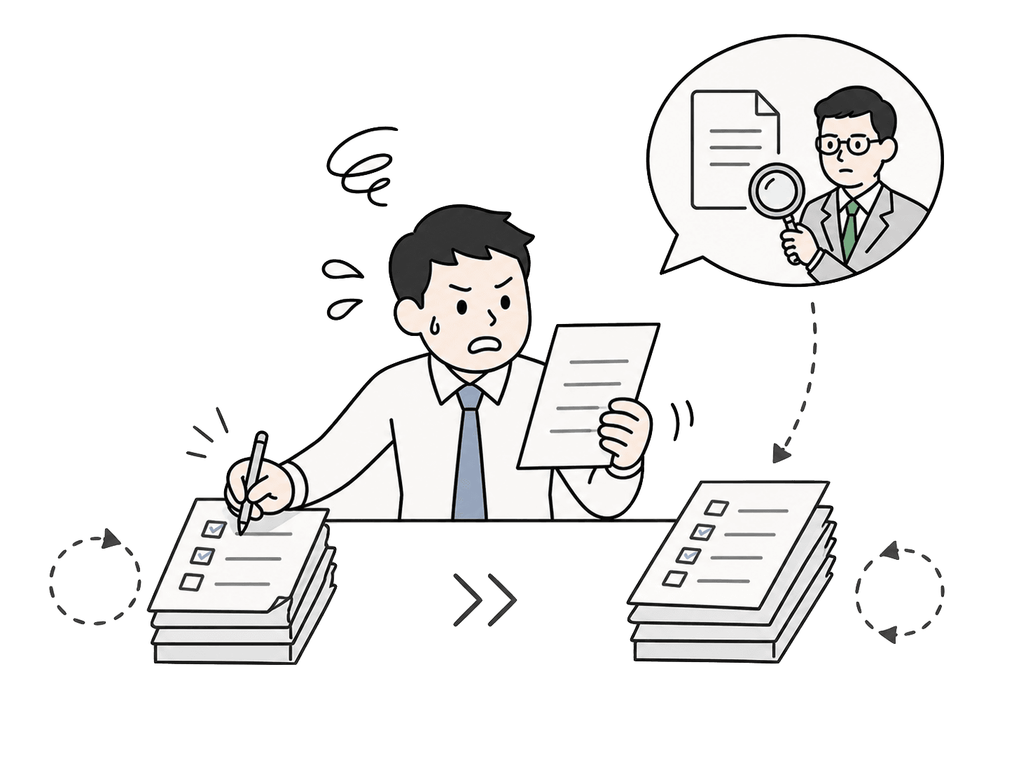 監査法人の依頼に合わせて、同じ証跡をもう一度整理し直す担当者のイラスト